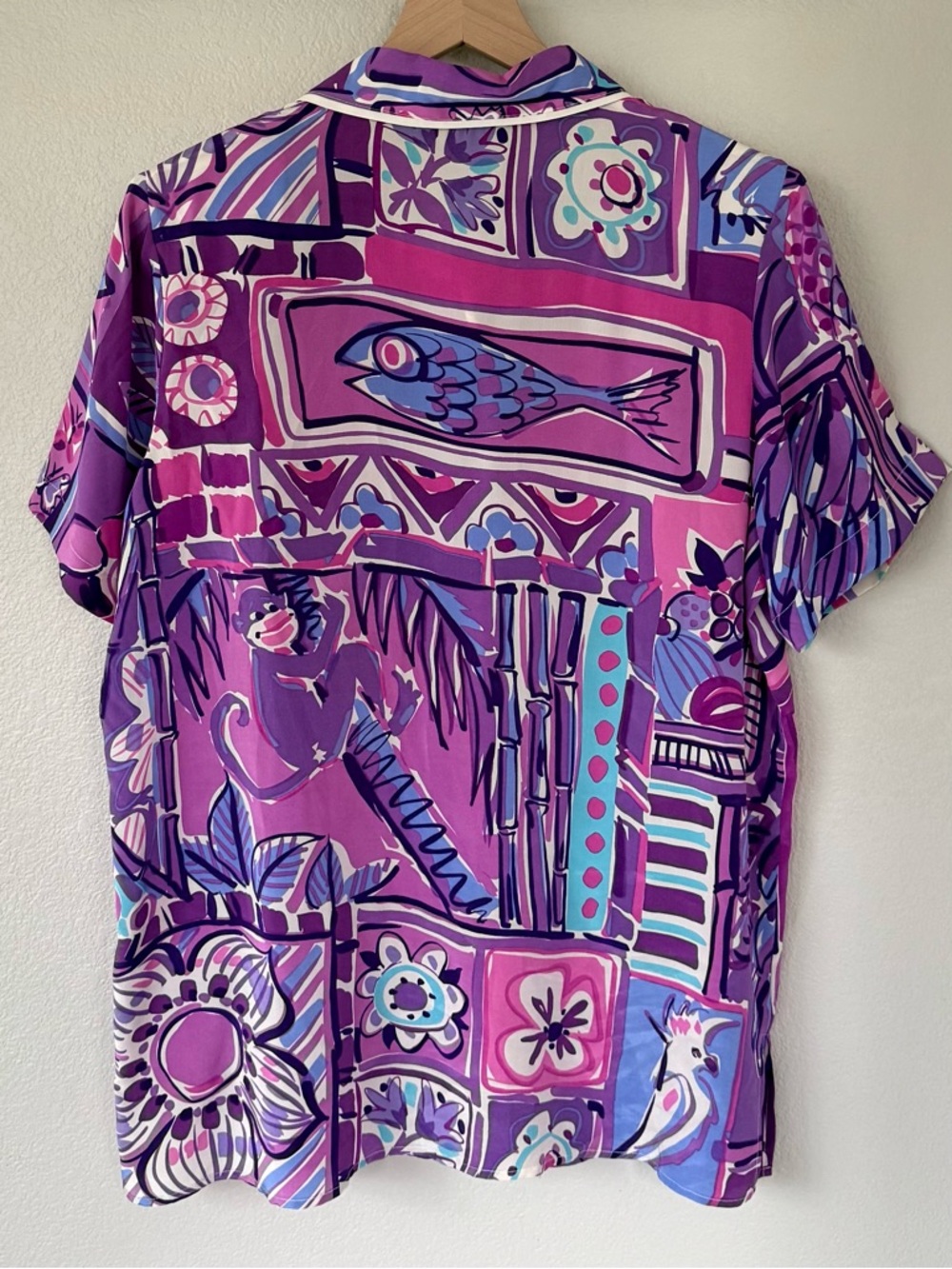 BOB MACKIE S Silk Wearable Pop Art Animal Button Down Shirt Cat Fish Bird Blouse - Picture 8 of 11